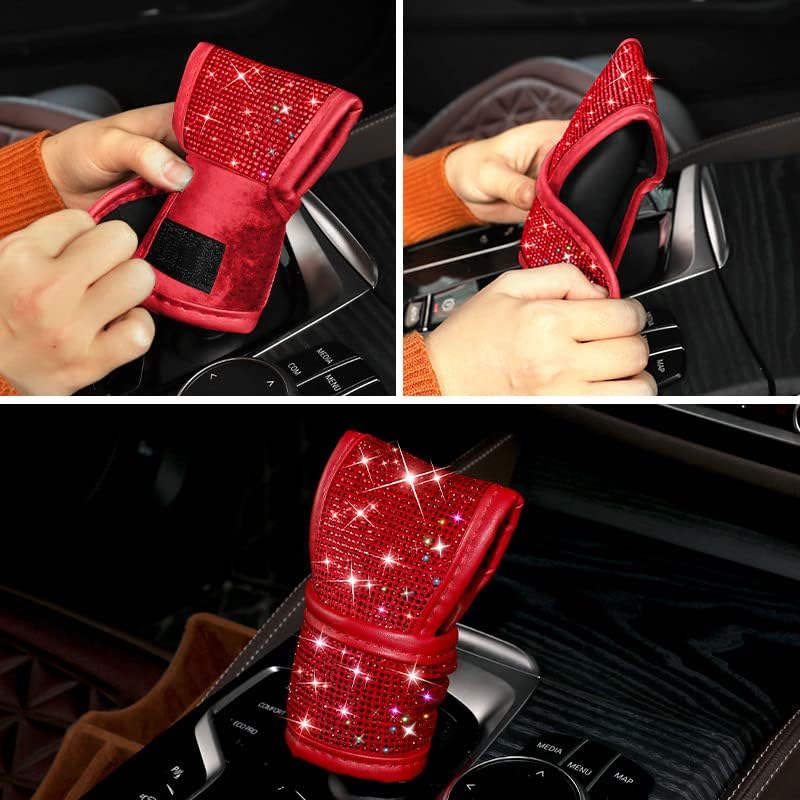 SPANICE Bling Bling Auto Shift Gear Cover, Leather Auto Gear Shift Knob Cover with Crystal Glitter Bling Rhinestones for Girls,Lady Universal Fit (Red) - Image 3